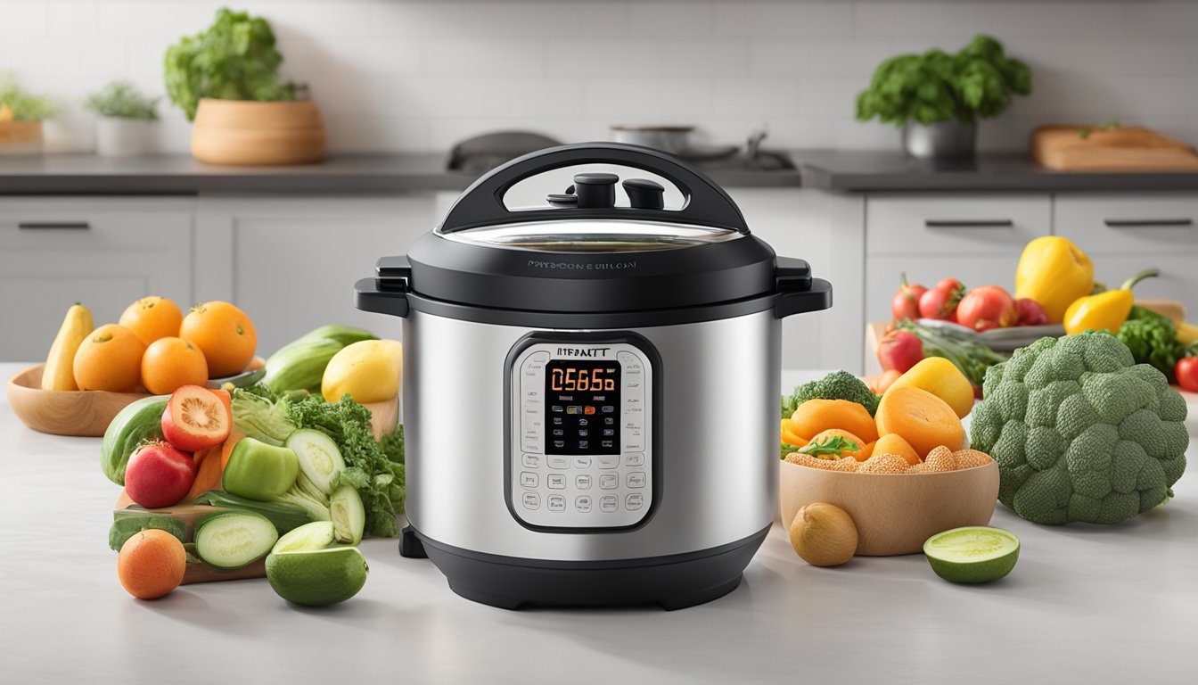 Fresh fruits and vegetables placed inside the Instant Pot Duo Crisp, with the lid closed and the dehydration function set