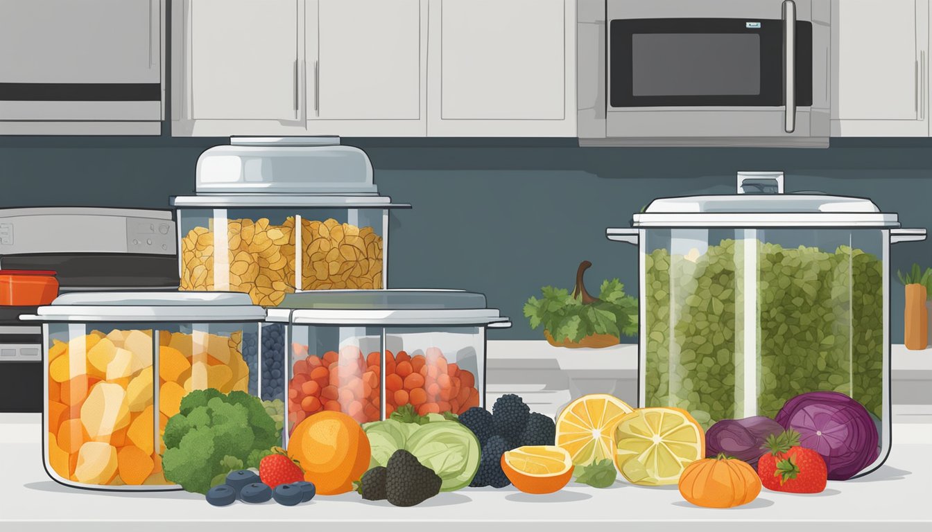 A colorful array of dehydrated fruits, vegetables, and herbs spread out on a wire rack, with an Instant Pot Duo Crisp in the background