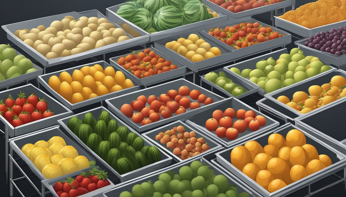 Assorted fruits and vegetables laid out on trays with mesh screens, placed in a well-ventilated area with warm, dry air circulating around them