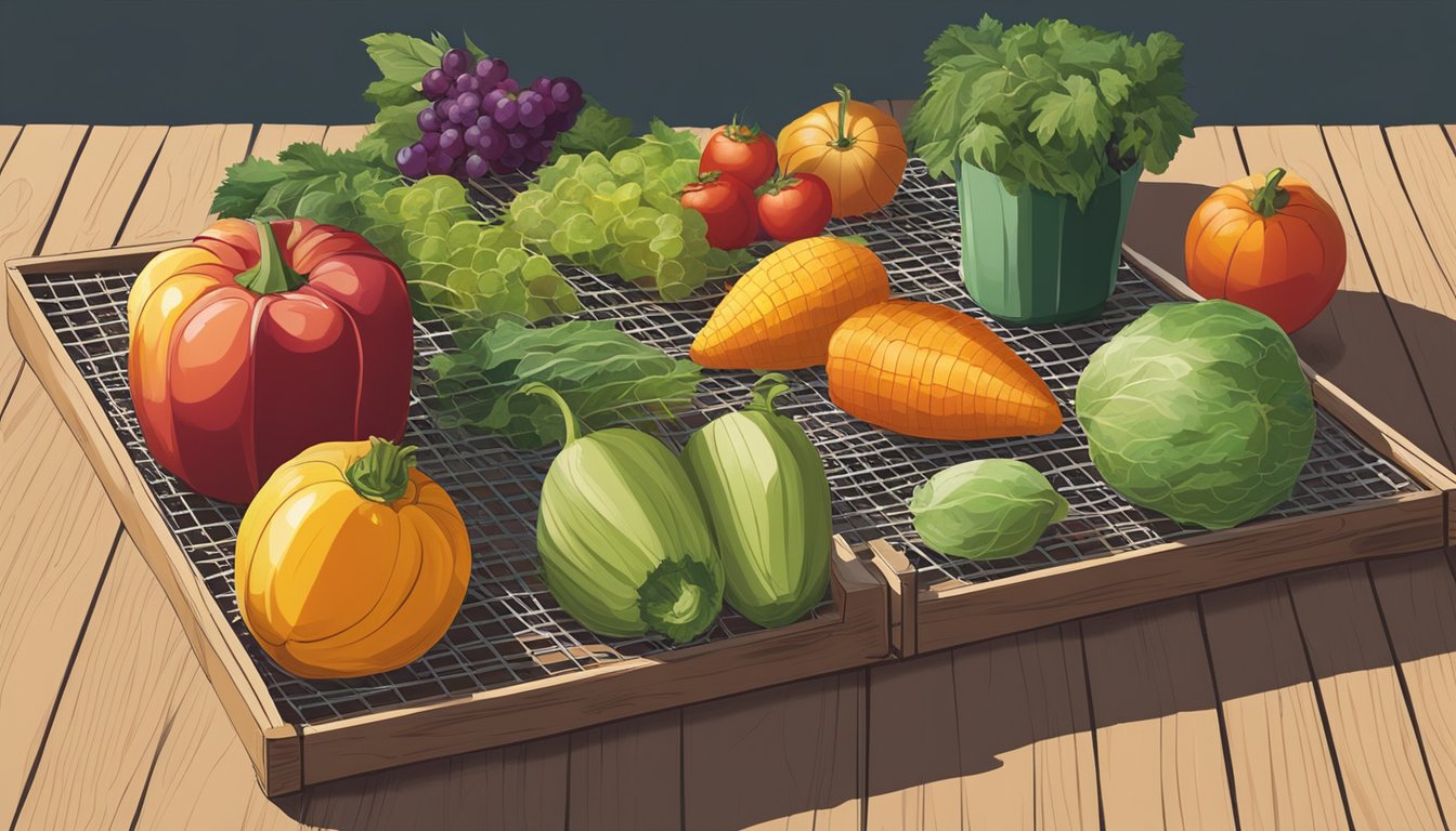 Various fruits and vegetables laid out on a mesh tray in the sun, surrounded by a makeshift drying rack made of wooden slats and string