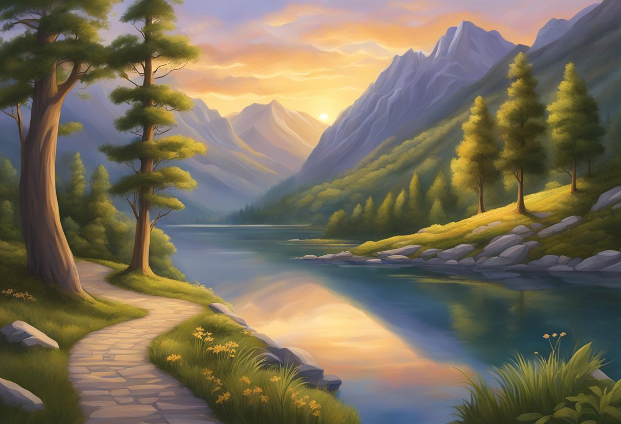 Hoda's journey: a winding path through mountains and valleys, leading to a tranquil sunset by a serene lake