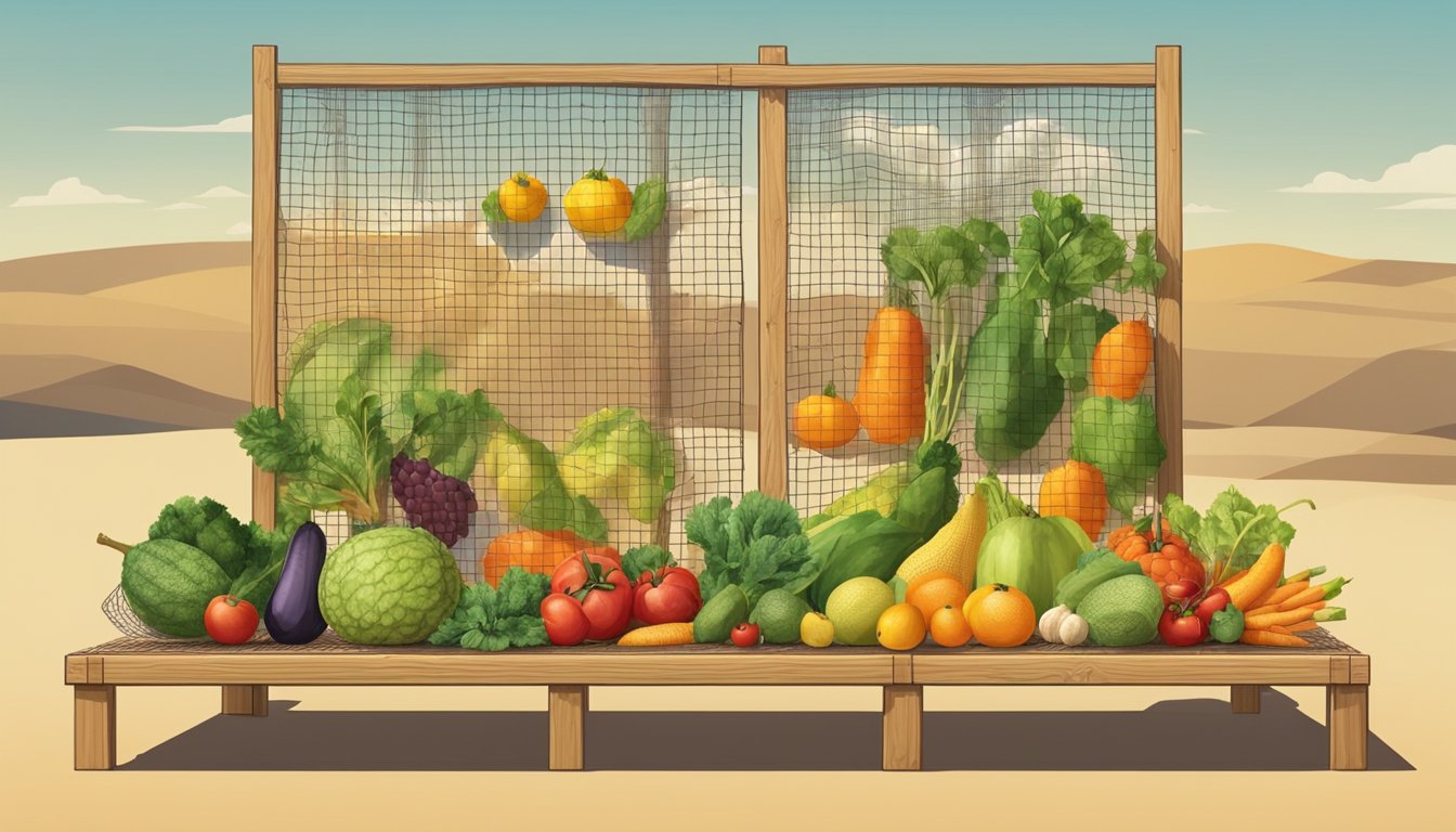 Various fruits and vegetables laid out on a mesh screen under the sun, with a makeshift rack made of wooden sticks and string to hold the screens