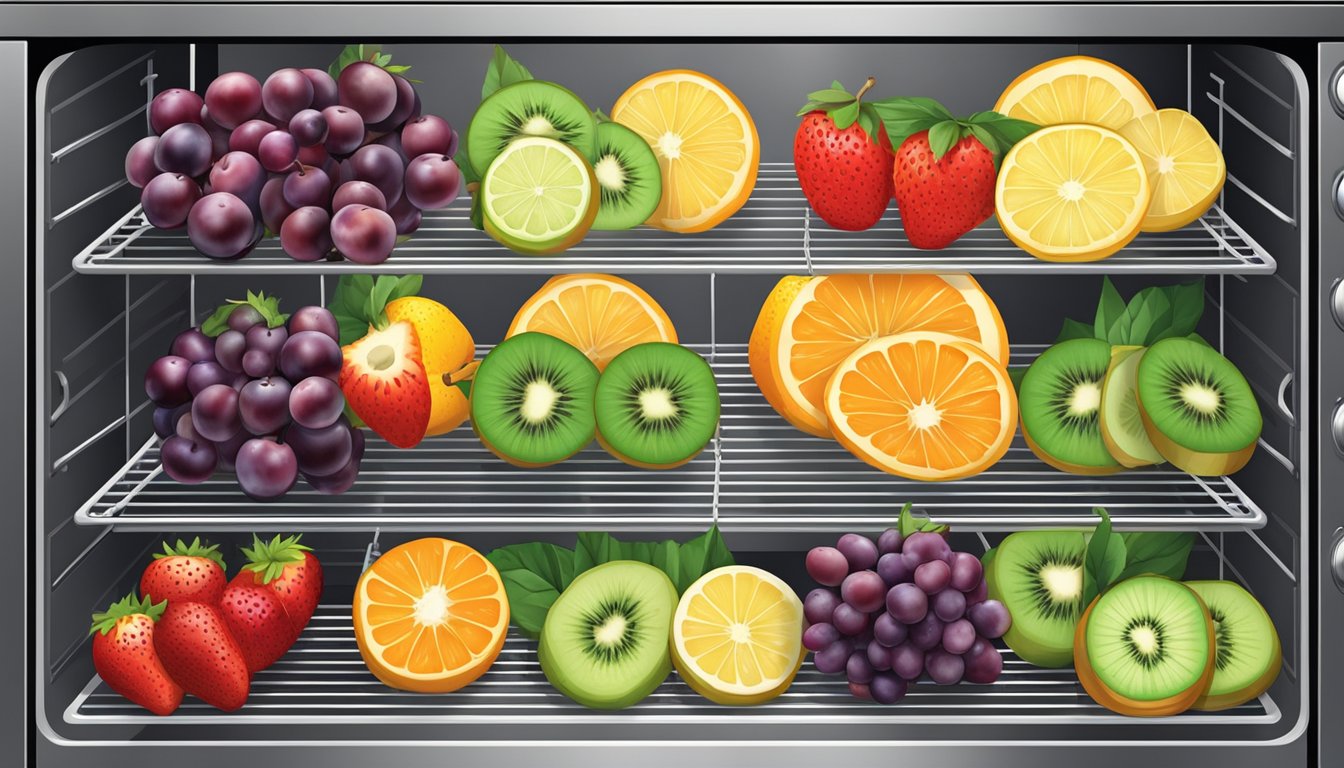 Fresh fruit slices arranged on wire racks inside a preheated oven, with the door slightly ajar to allow airflow