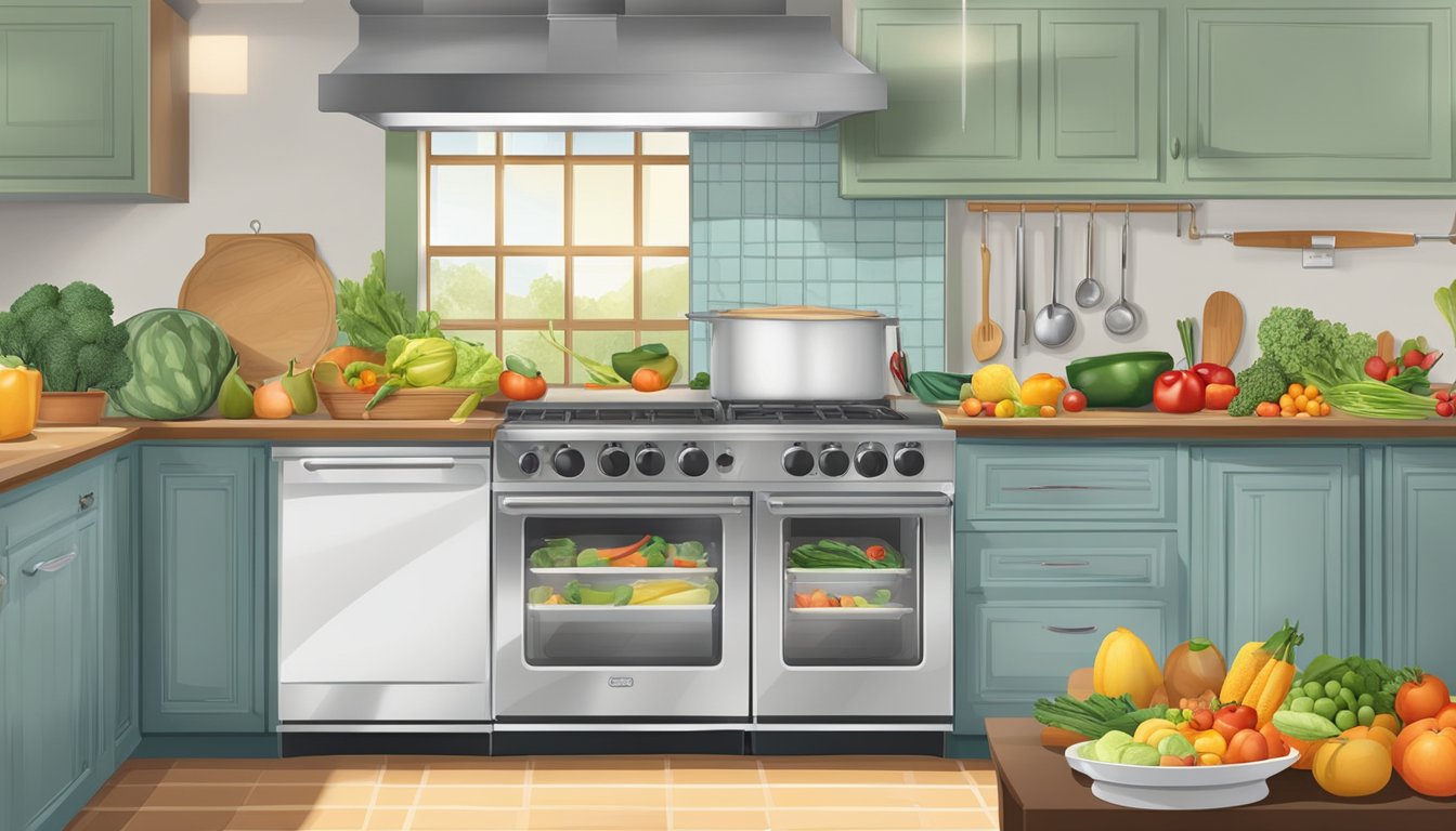 A kitchen scene with an open oven door, trays of sliced fruits and vegetables, and a thermometer inside