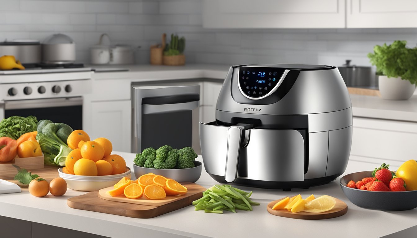 Various dehydrating methods: air fryer, oven, and sun. The air fryer sits on a kitchen counter, with sliced fruits and vegetables inside, emitting heat and circulating air