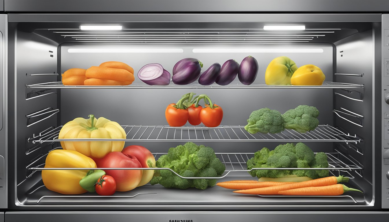 Sliced fruits and vegetables arranged on wire racks inside a Samsung oven, set to low temperature for dehydration