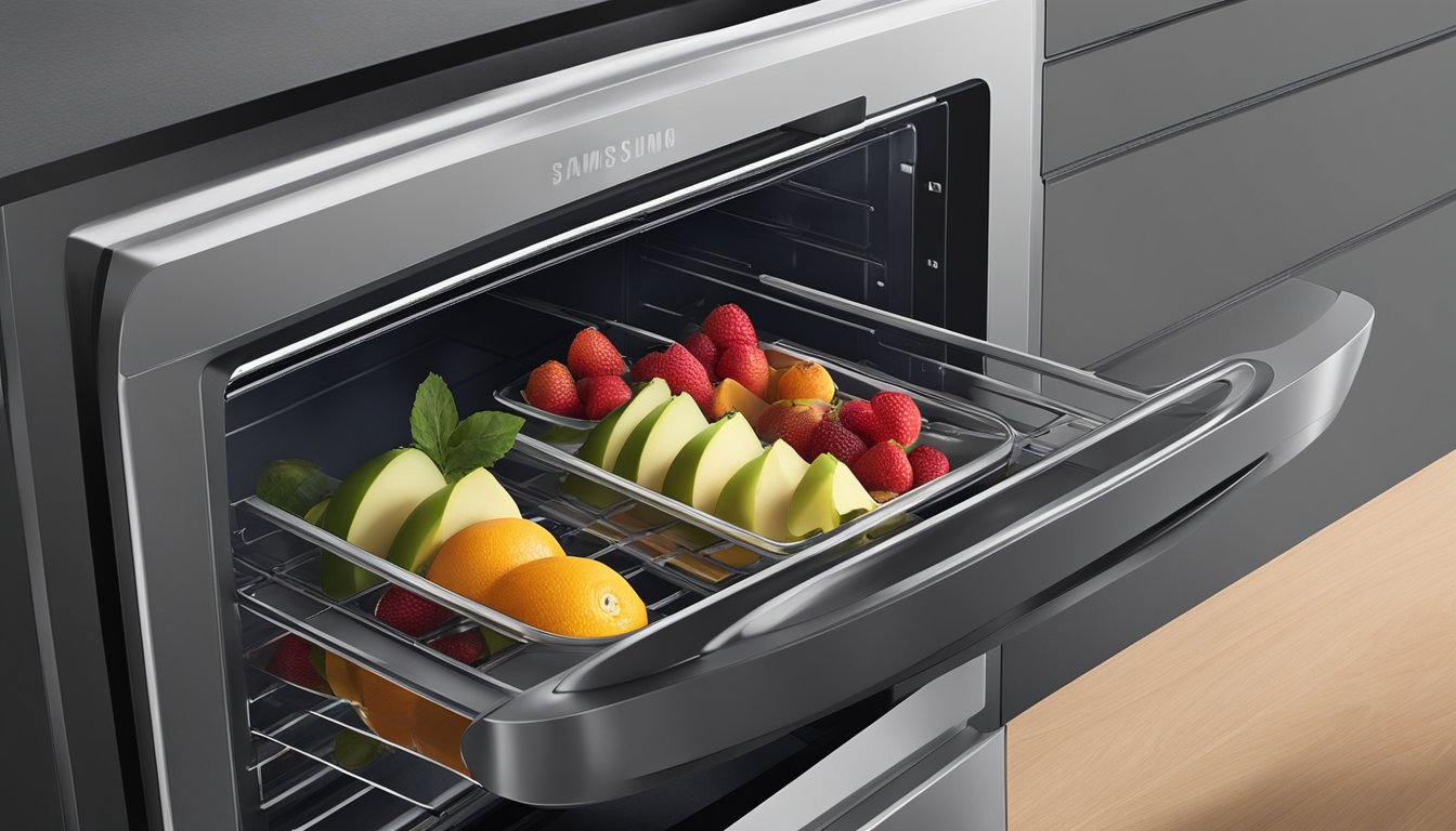 A tray of sliced fruit arranged in a single layer inside a Samsung oven, with the oven door slightly ajar to allow for air circulation