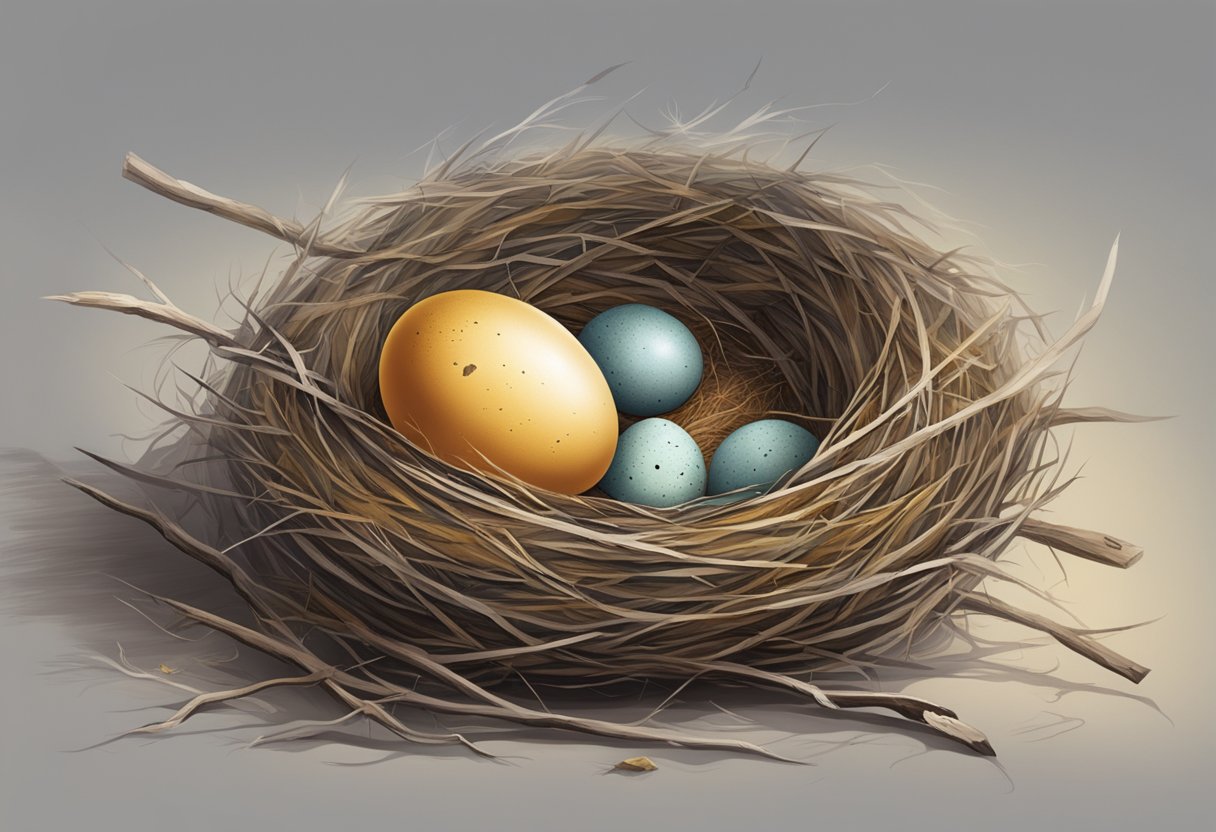 A small, abandoned nest with a cracked egg and a lone feather nearby