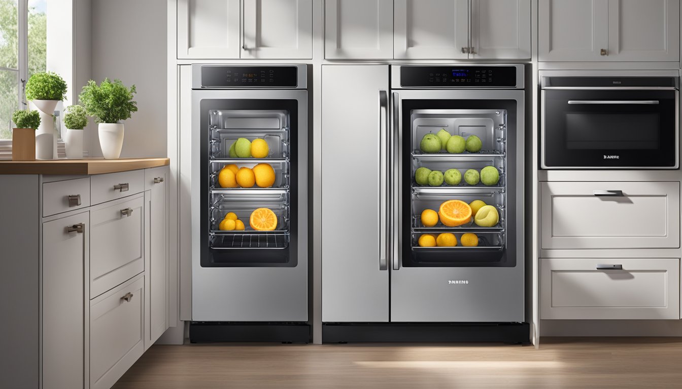 Fresh fruit slices arranged on wire racks inside a Samsung oven, with the oven door slightly ajar and the digital display showing the dehydration setting