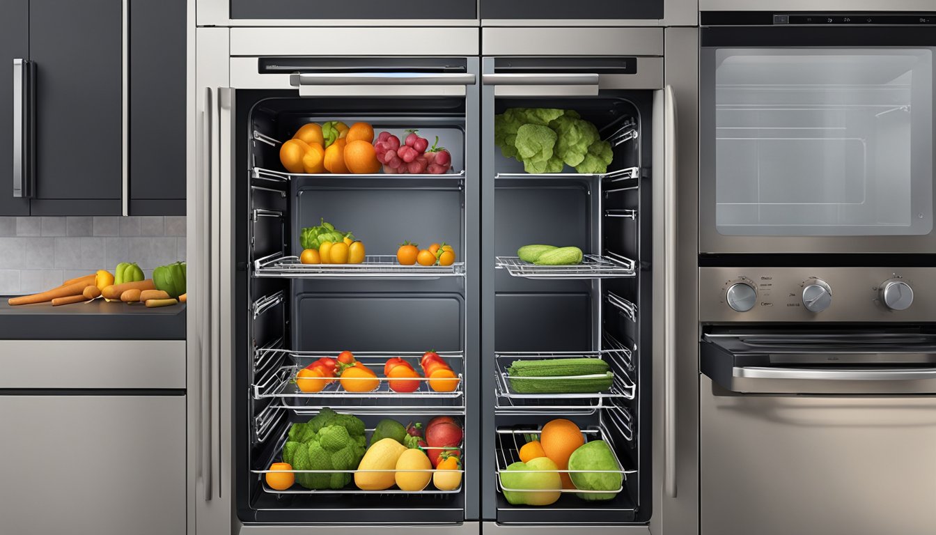 Assorted fruits and vegetables laid out on wire racks inside a Samsung oven, with the oven door slightly ajar