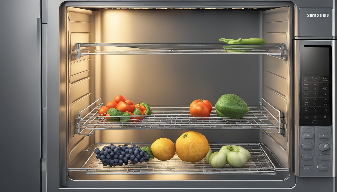 Fresh fruits and vegetables arranged on wire racks inside a Samsung oven, set to a low temperature for dehydration