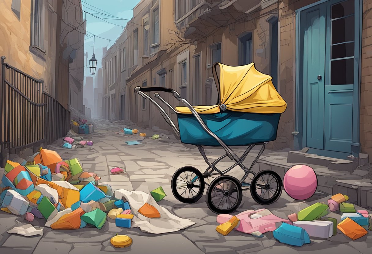 A crumpled baby carriage lays abandoned in a dimly lit alley, surrounded by scattered toys and a torn blanket