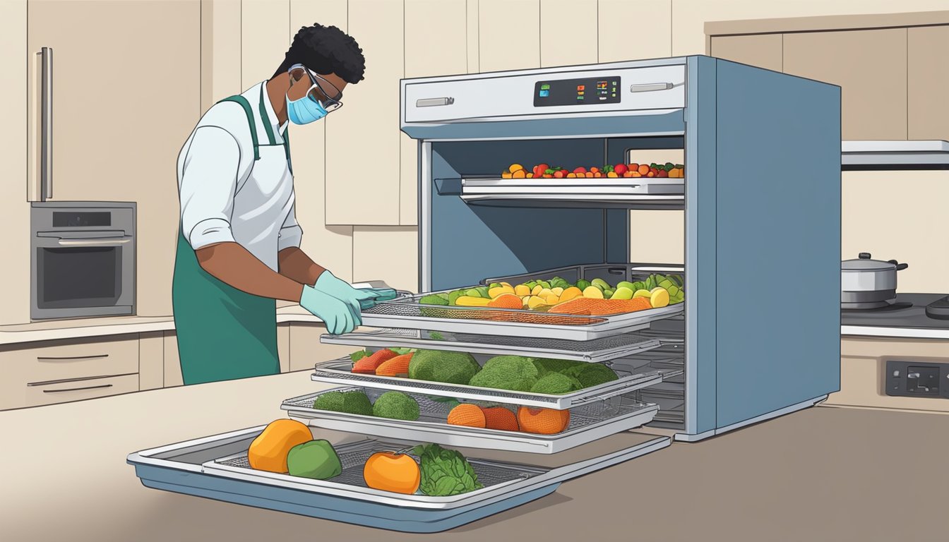 A person wearing gloves and safety goggles operates a food dehydrator, placing sliced fruits and vegetables onto the trays