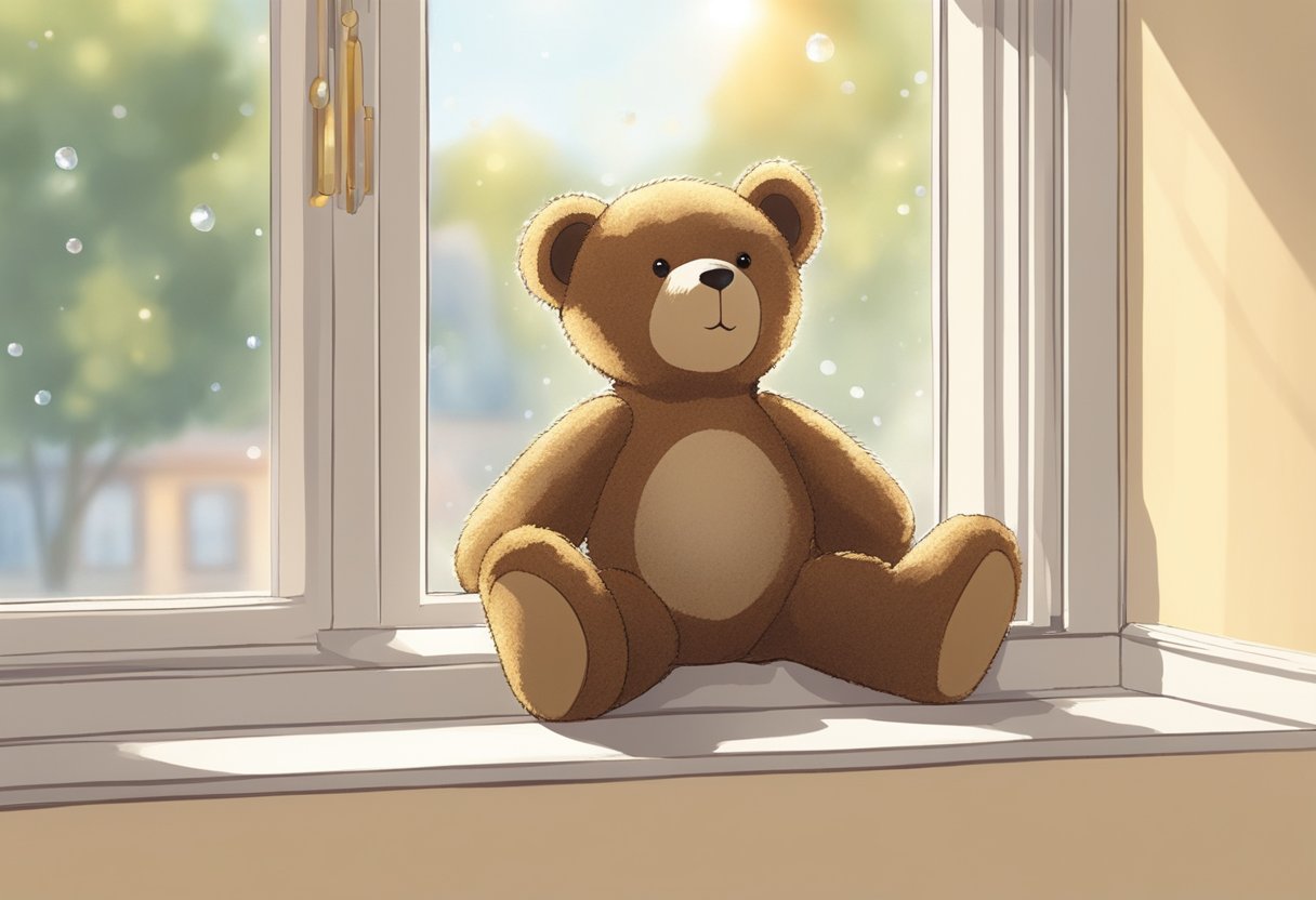 A small teddy bear sits alone on a windowsill, bathed in warm sunlight. A single tear-shaped crystal rests beside it