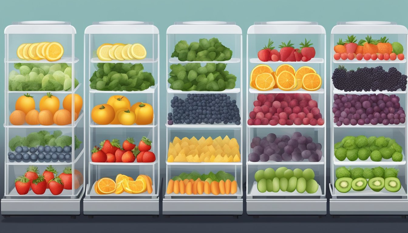 Assorted fruits and vegetables laid out on dehydrator trays, with the machine set to a low temperature, slowly removing moisture from the food