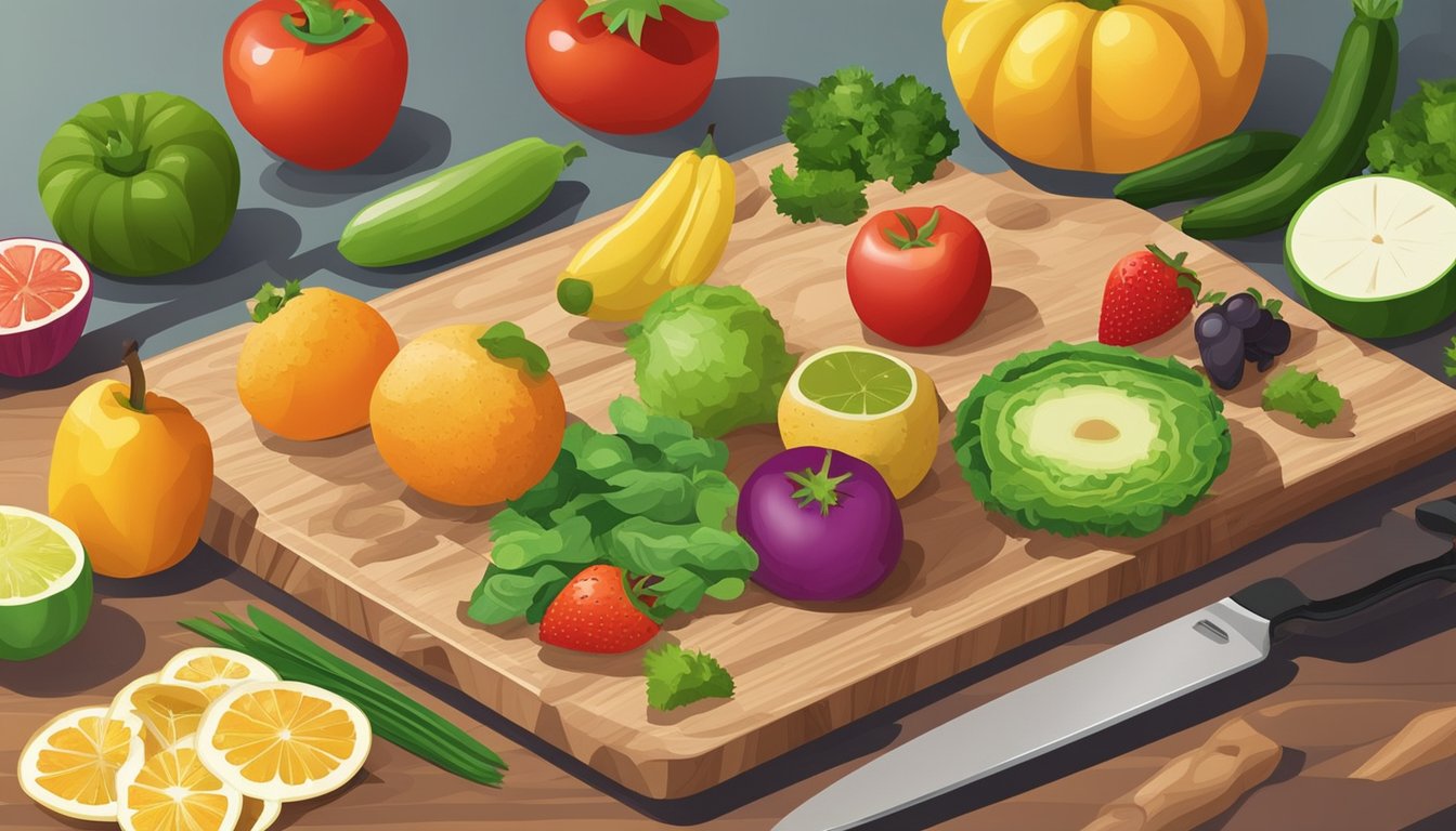 Fresh fruits and vegetables laid out on a wooden cutting board, surrounded by a knife, cutting board, and a manual food dehydrator