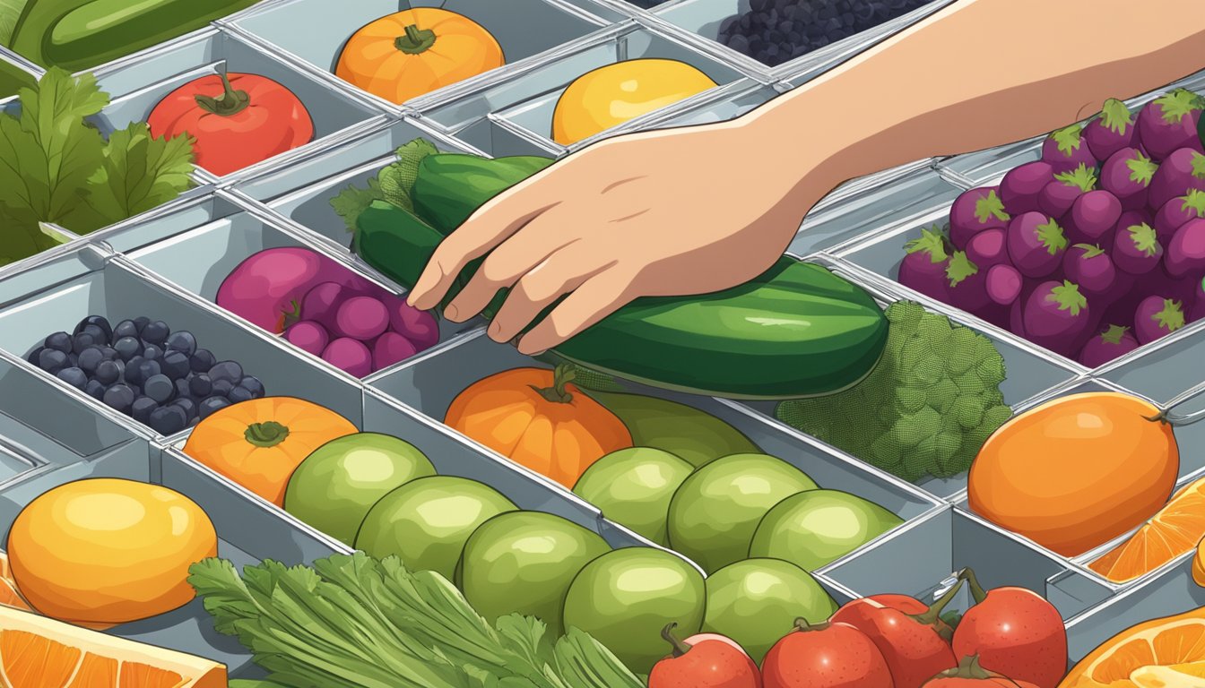 A person placing sliced fruits and vegetables on a mesh dehydrator tray under the sun