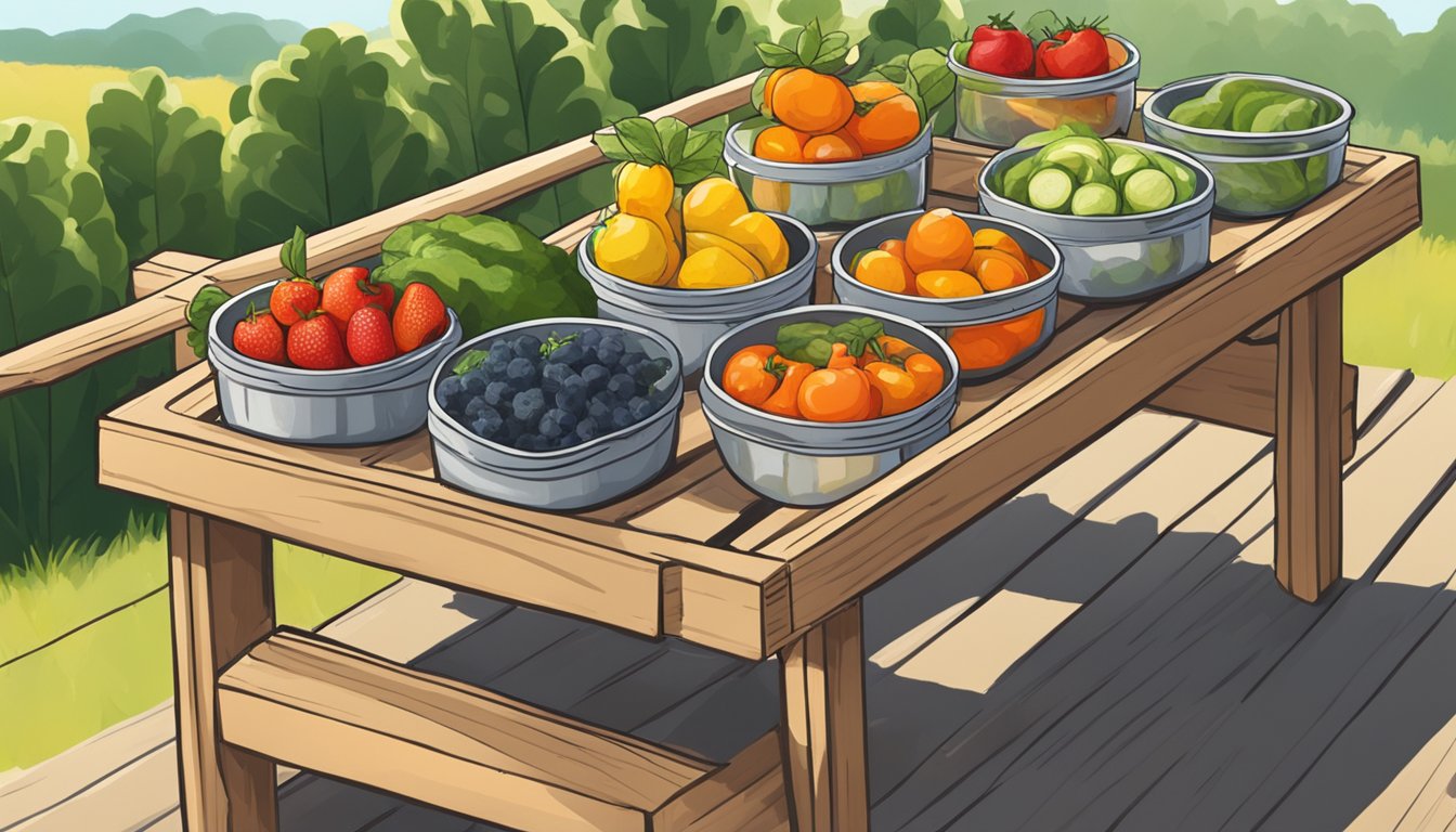 Fresh produce laid out on a wooden drying rack in the sun. Jars and containers for storing dehydrated food are nearby