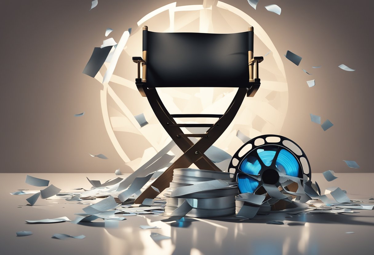 A broken film reel and a shattered movie poster lay scattered on the floor. A single spotlight shines on an empty director's chair