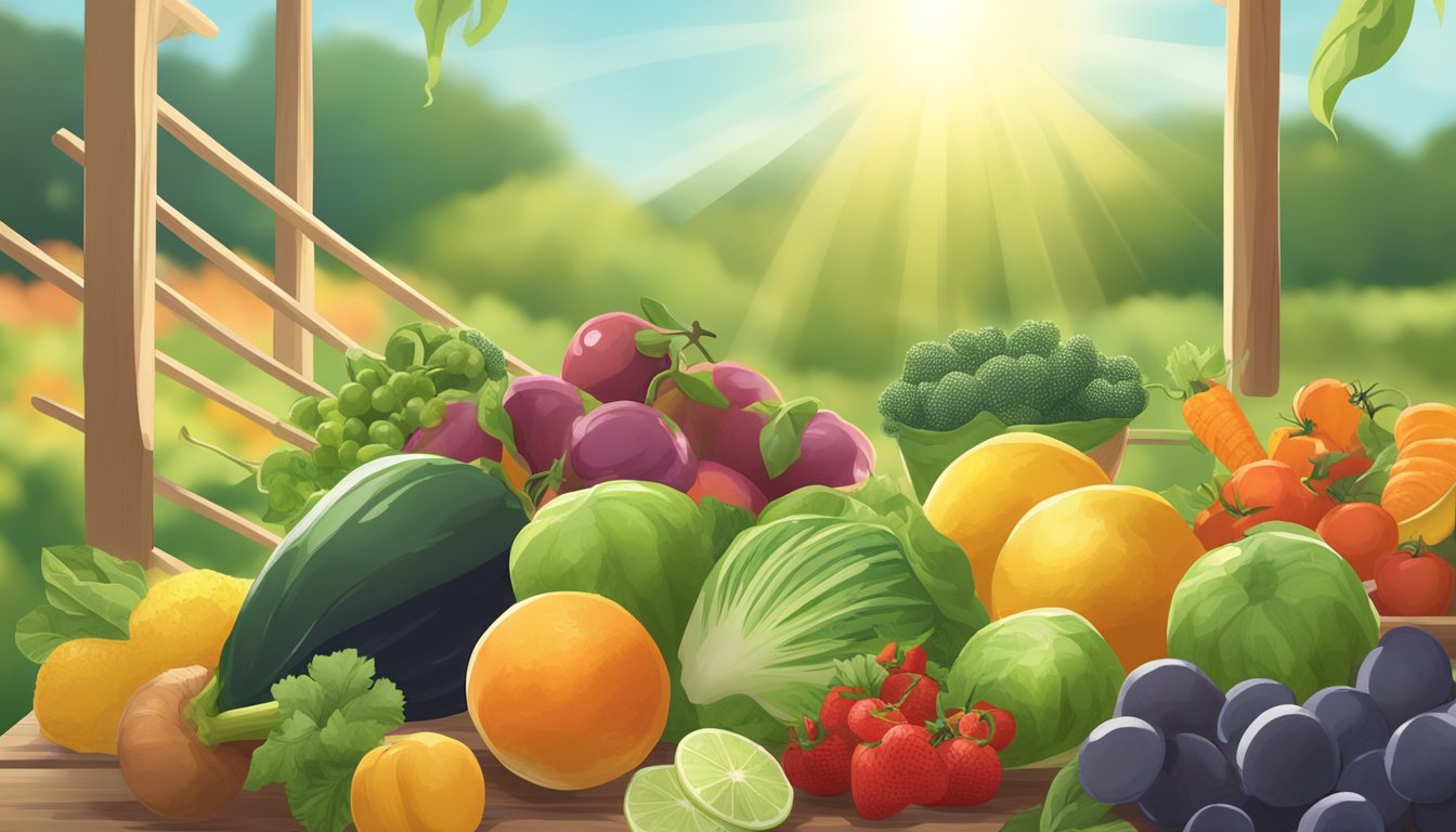 Fresh fruits and vegetables spread out on a wooden drying rack under the sun. A gentle breeze blows through the scene, aiding in the dehydration process