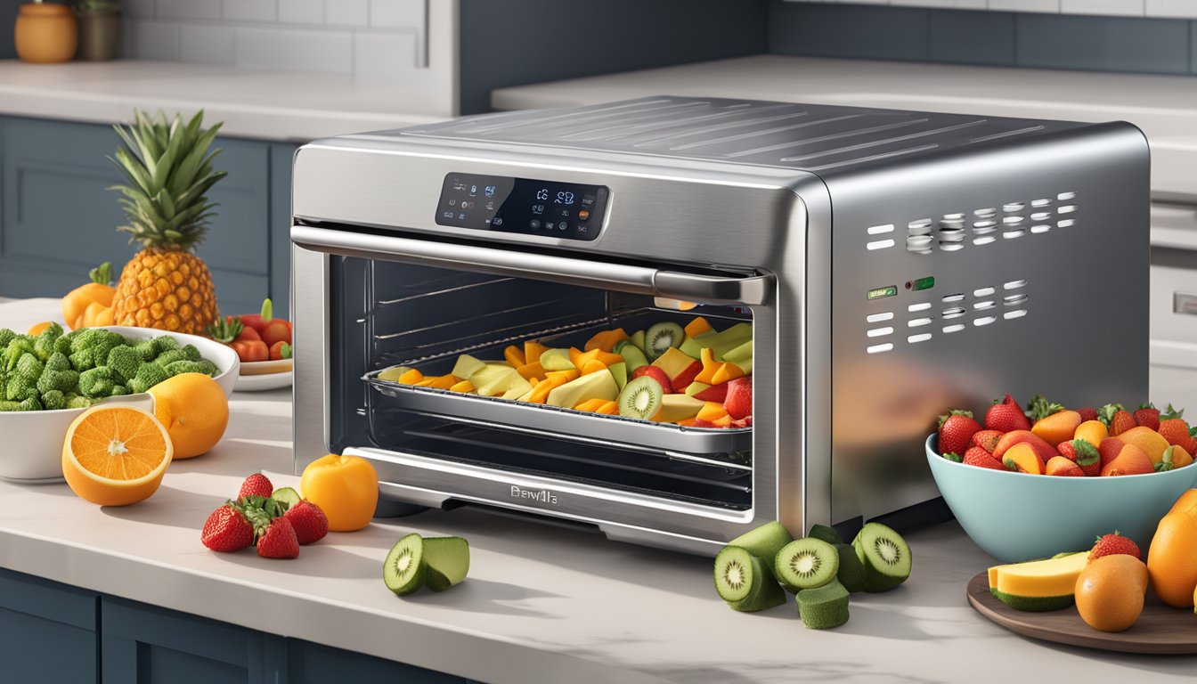 A Breville Smart Oven® Air Fryer Pro set to the dehydrate function with various fruits and vegetables spread out on the oven racks