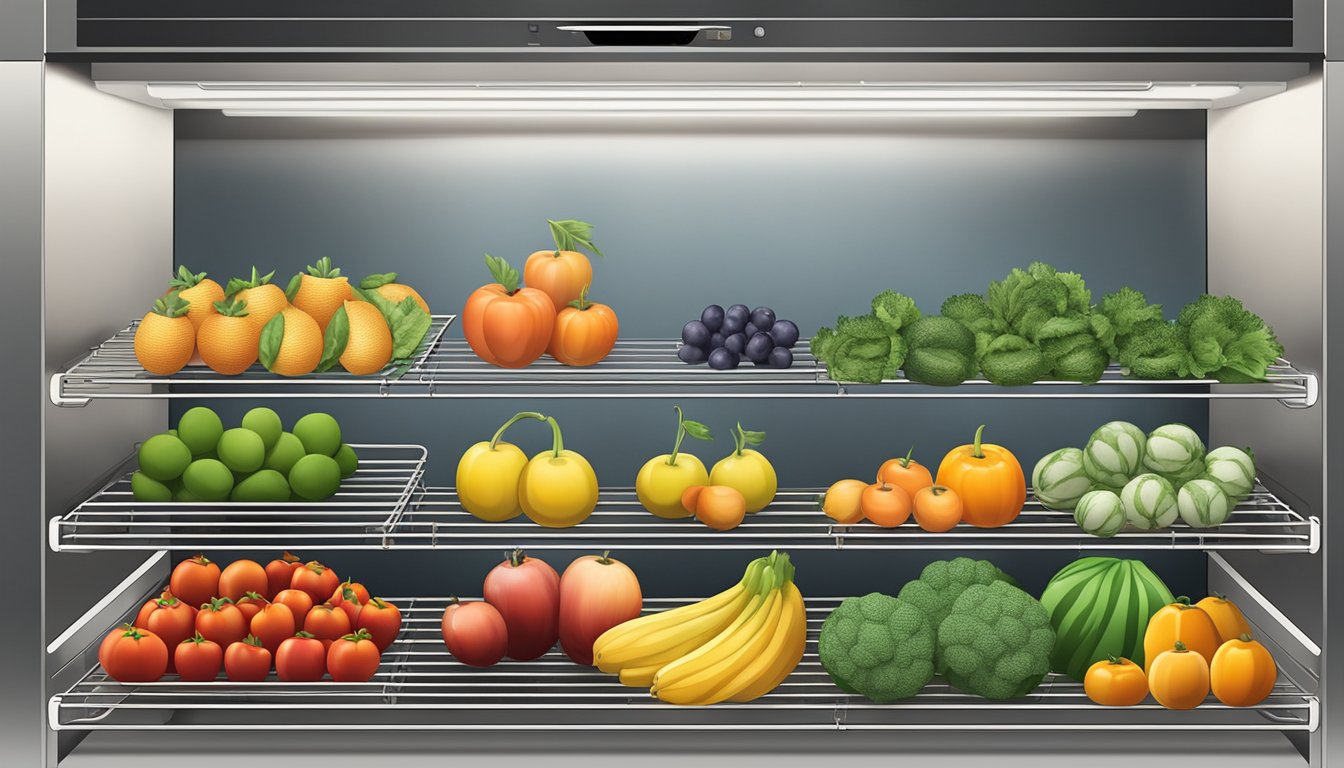 Fresh fruits and vegetables arranged on wire racks inside a conventional oven set to a low temperature for dehydrating