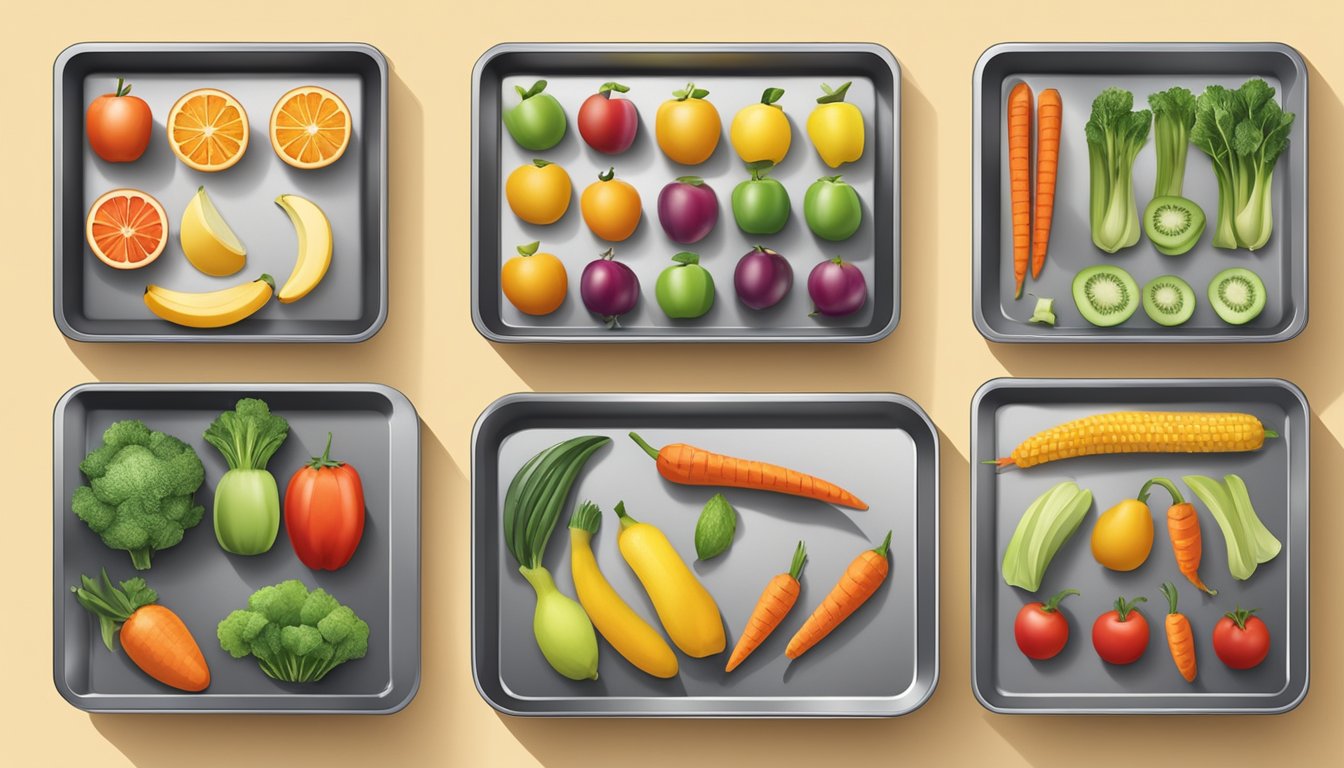 Assorted fruits and vegetables laid out on baking trays, oven set to low temperature for dehydration