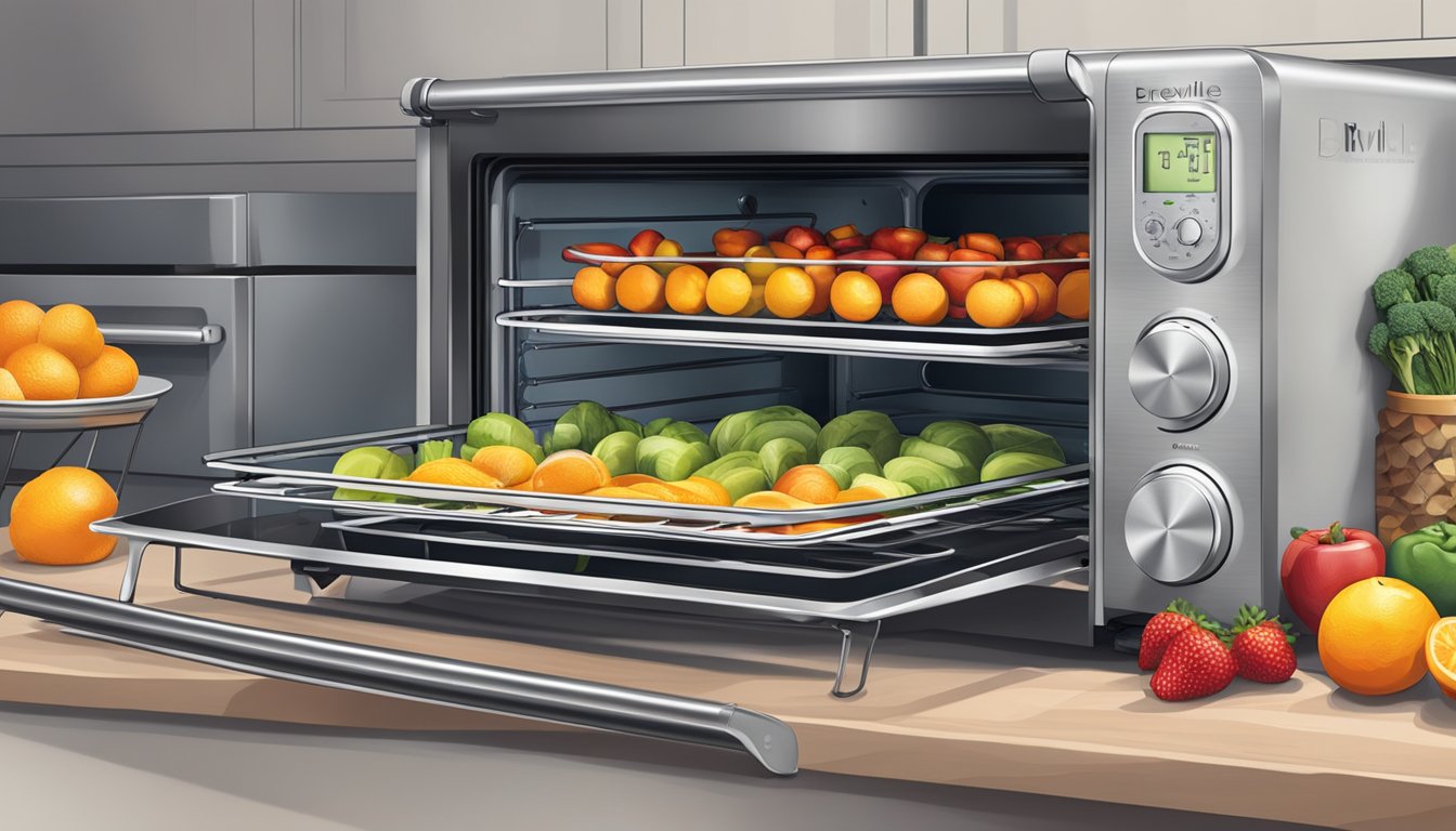 A Breville Smart Oven set to the dehydrate function, with various fruits and vegetables spread out on the oven racks