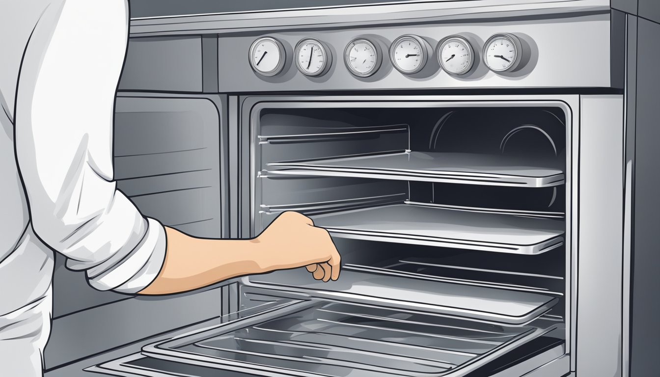 A hand adjusting the oven dial to the desired temperature for dehydration. Shelves inside the oven are empty and ready for use