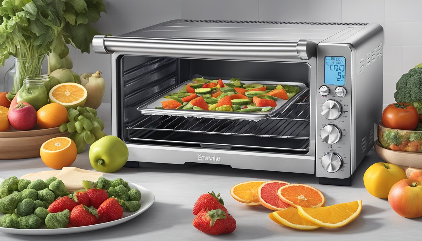 A Breville Smart Oven with dehydrating racks and trays, set to the appropriate temperature, with various fruits and vegetables spread out for dehydration