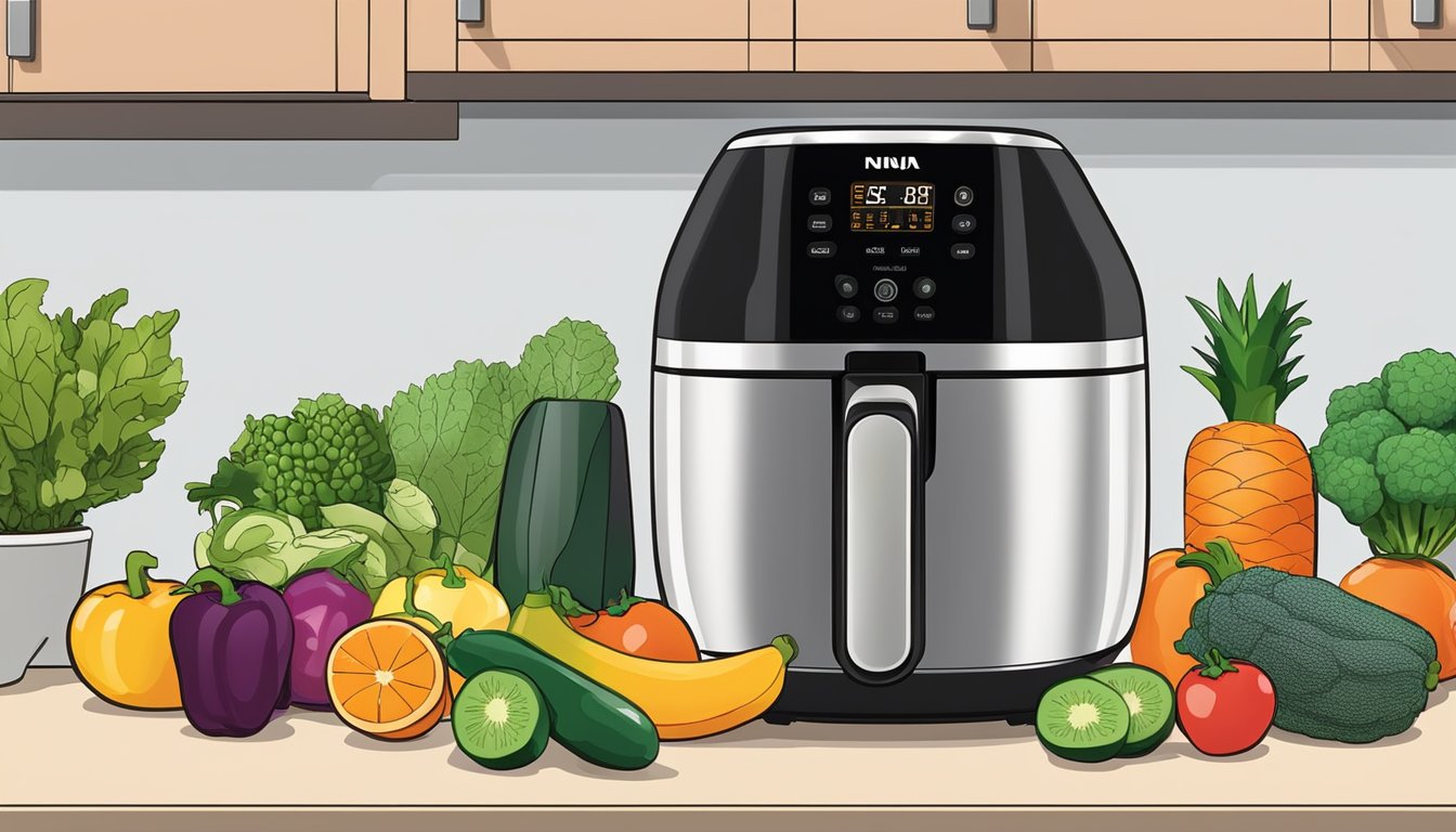 Fresh fruits and vegetables laid out on a kitchen counter next to a ninja air fryer, with a digital display showing the dehydration setting