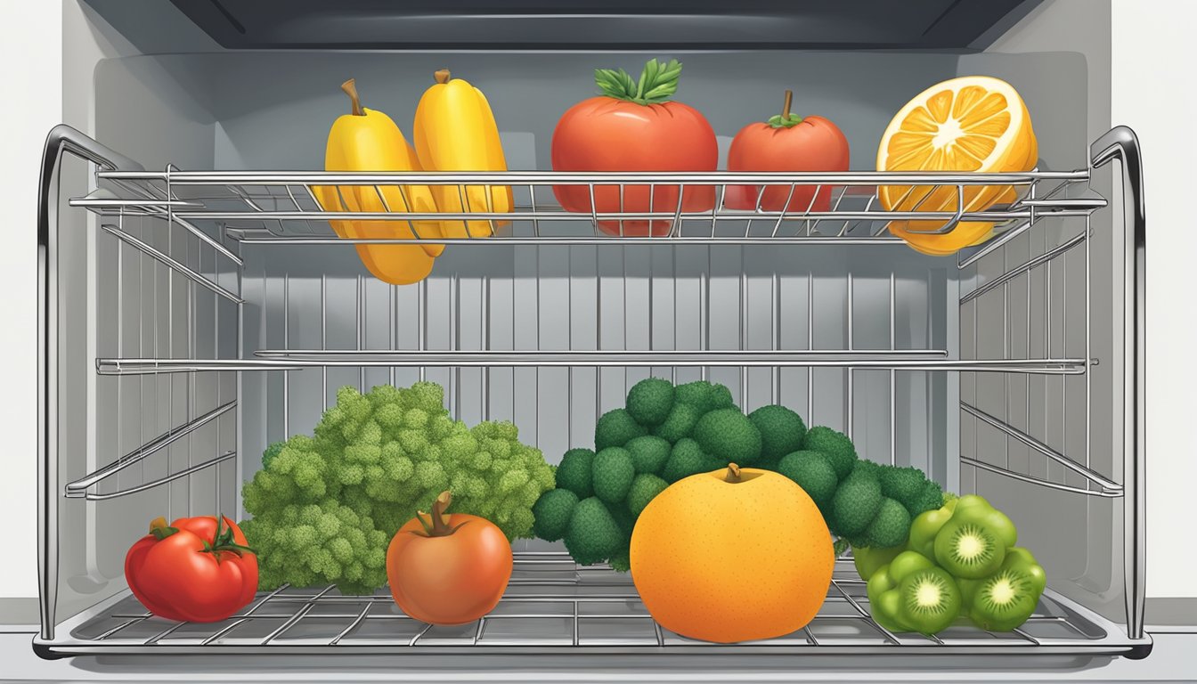 Fruits and vegetables arranged on oven racks, with the oven set to a low temperature for dehydration