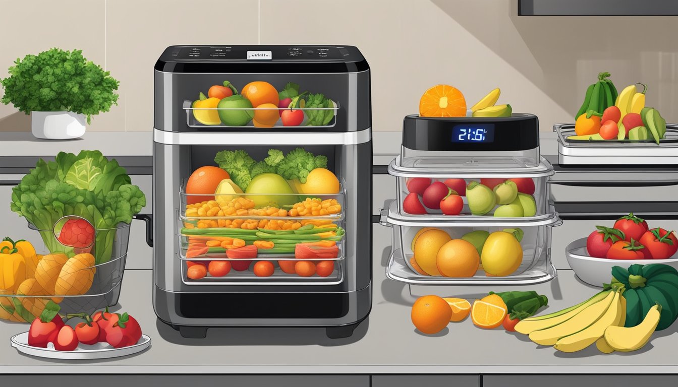 Assorted fruits and vegetables arranged on dehydrator trays inside a Ninja air fryer, with the machine set to the appropriate temperature and time