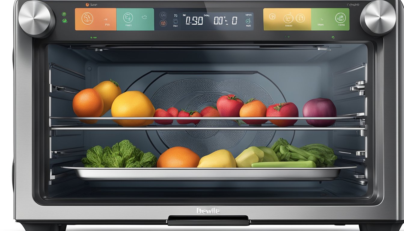 A Breville Smart Oven with trays of sliced fruits and vegetables inside, set to the dehydrate function with the digital display showing the time remaining