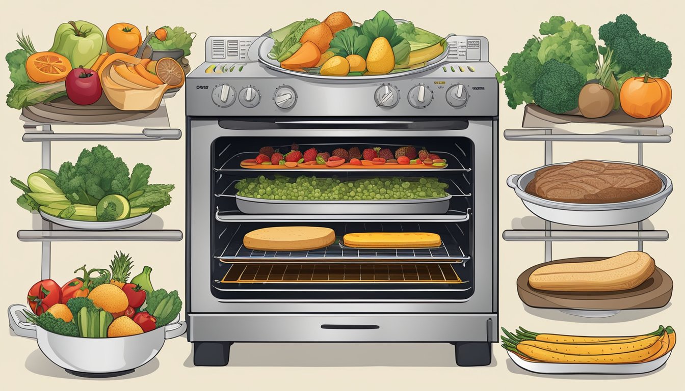 Various foods spread out on oven racks, including fruits, vegetables, and meats. Oven temperature dial set to specified dehydration temperature