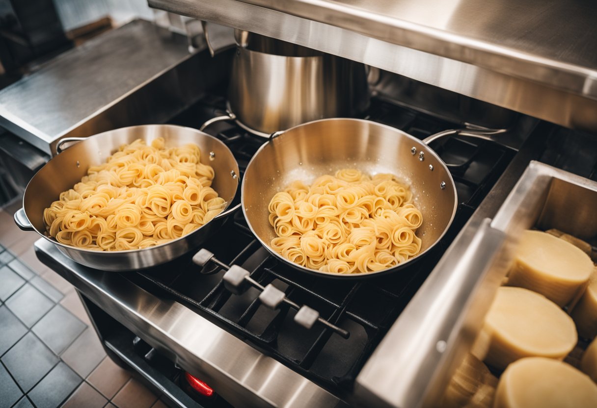 Uma cozinha rústica na Emília-Romanha, cheia de massas frescas, rodas de Parmigiano-Reggiano e panelas borbulhantes de molho de tomate rico