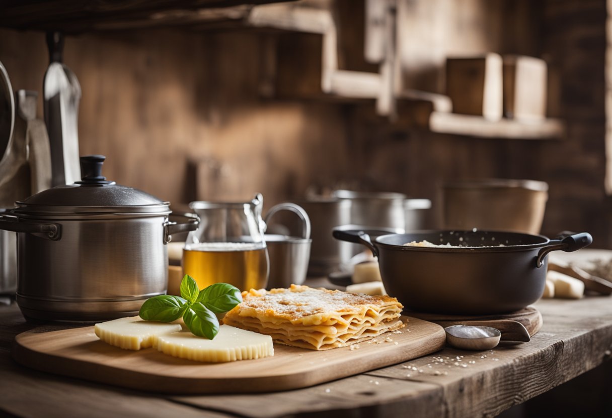 Uma cozinha rústica na Emília-Romanha, com uma panela borbulhante de lasanha e rodas de Parmigiano-Reggiano em uma mesa de madeira desgastada