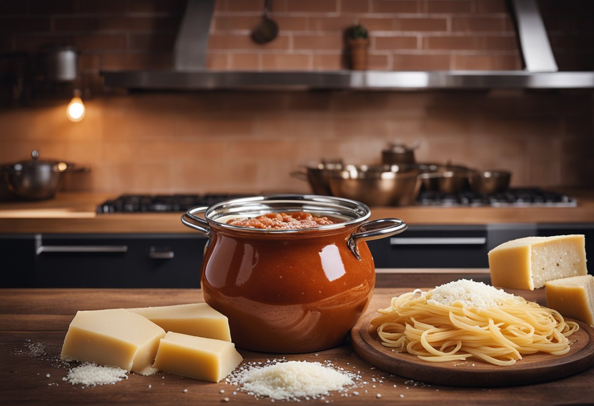 Uma cozinha rústica na Emília-Romanha, com uma panela borbulhante de molho de tomate rico, folhas de massa recém-abertas e uma generosa pitada de queijo Parmigiano-Reggiano.