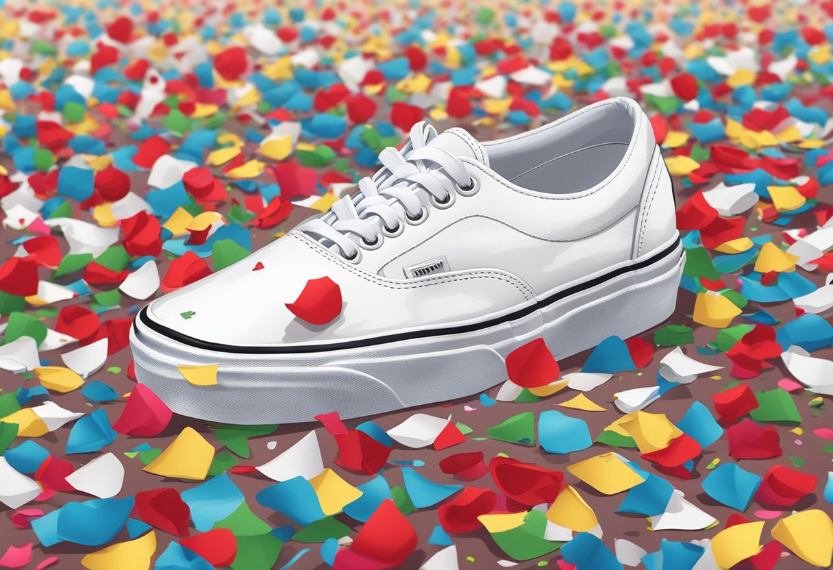 A pair of white Vans lies abandoned on the ground, surrounded by scattered confetti and a single red rose