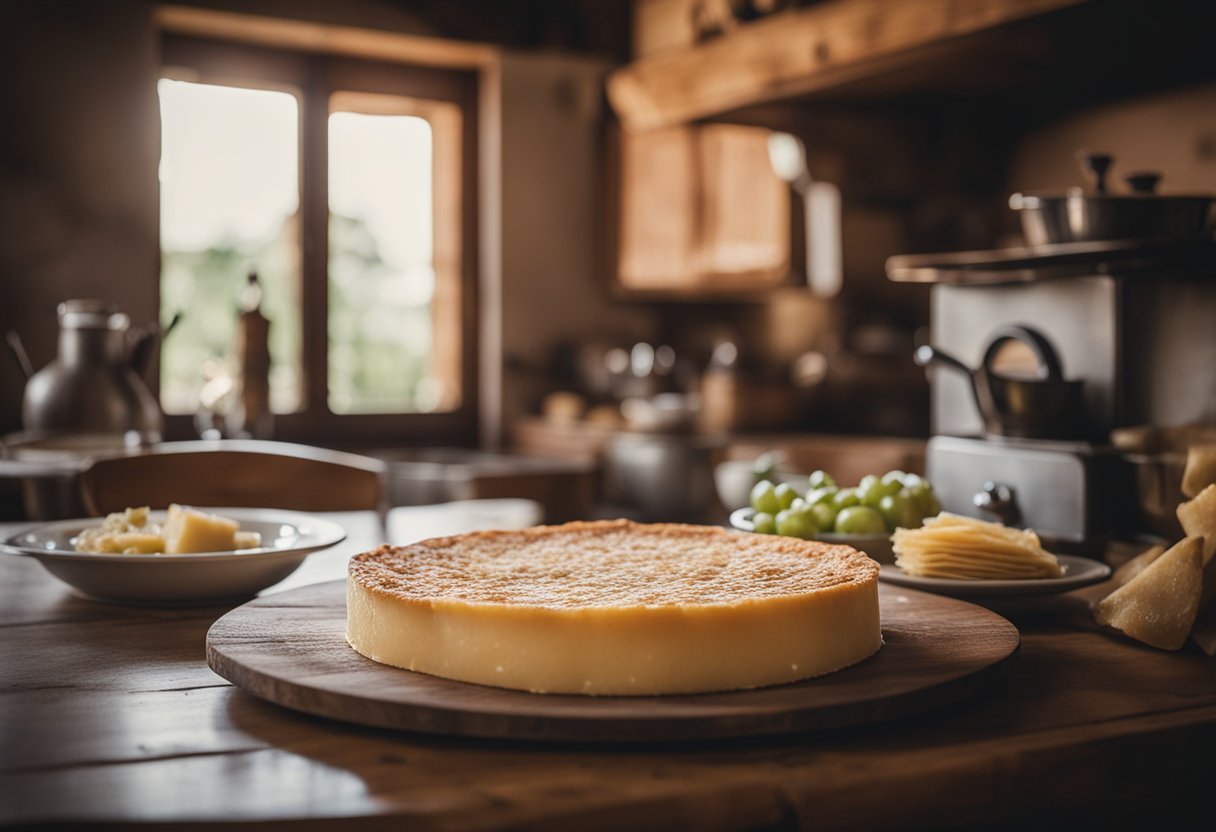 Uma cozinha rústica na Emília-Romanha, com um queijo Parmigiano-Reggiano e uma lasanha fumegante na mesa.