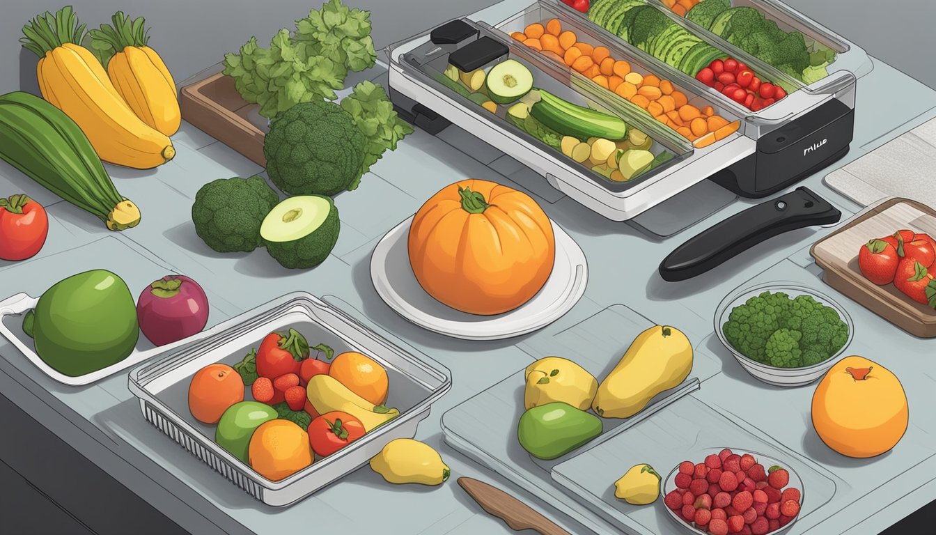 Assorted fruits and vegetables laid out on the counter next to a Ninja Foodi dehydrator, with a knife and cutting board nearby