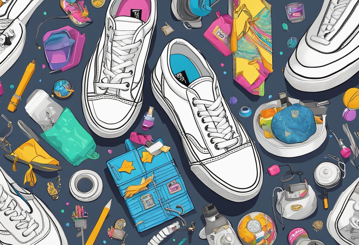 A collection of trendy fashion items and pop culture symbols surround a pair of white Vans sneakers, symbolizing the viral impact of the "Damn Daniel" phenomenon