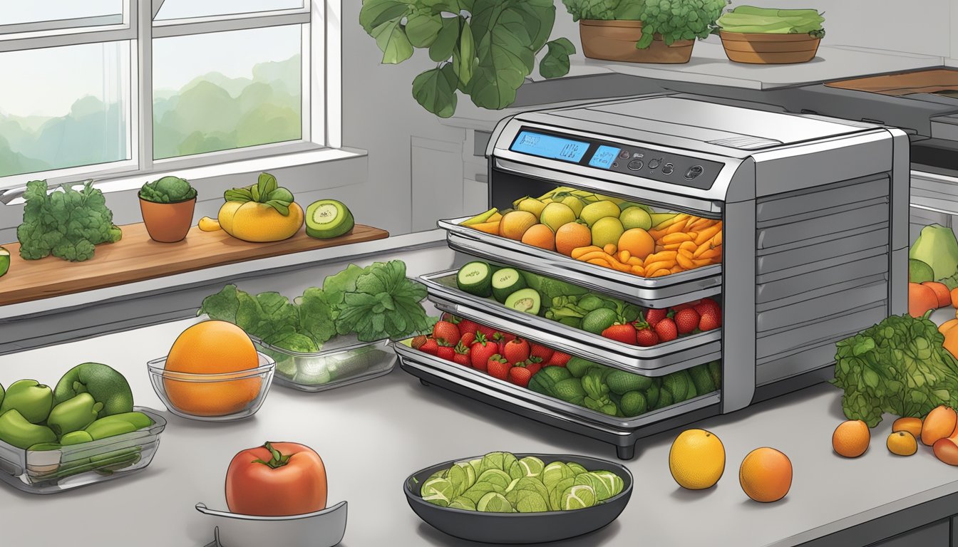 Assorted fruits and vegetables arranged on dehydrator trays inside a Ninja Foodi, with the machine's digital display showing the dehydration process in action