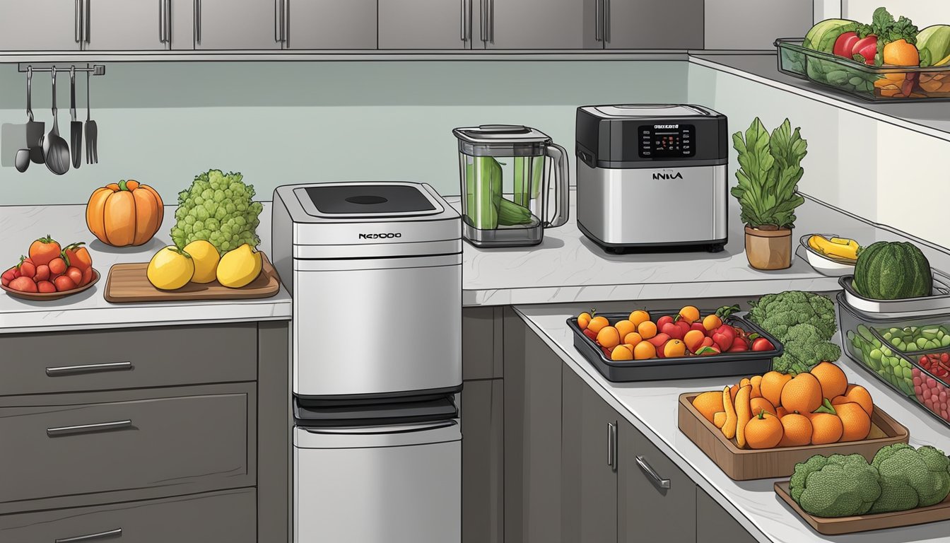 Fresh fruits and vegetables arranged on the kitchen counter next to a Ninja Foodi dehydrator, with the machine's settings and trays visible