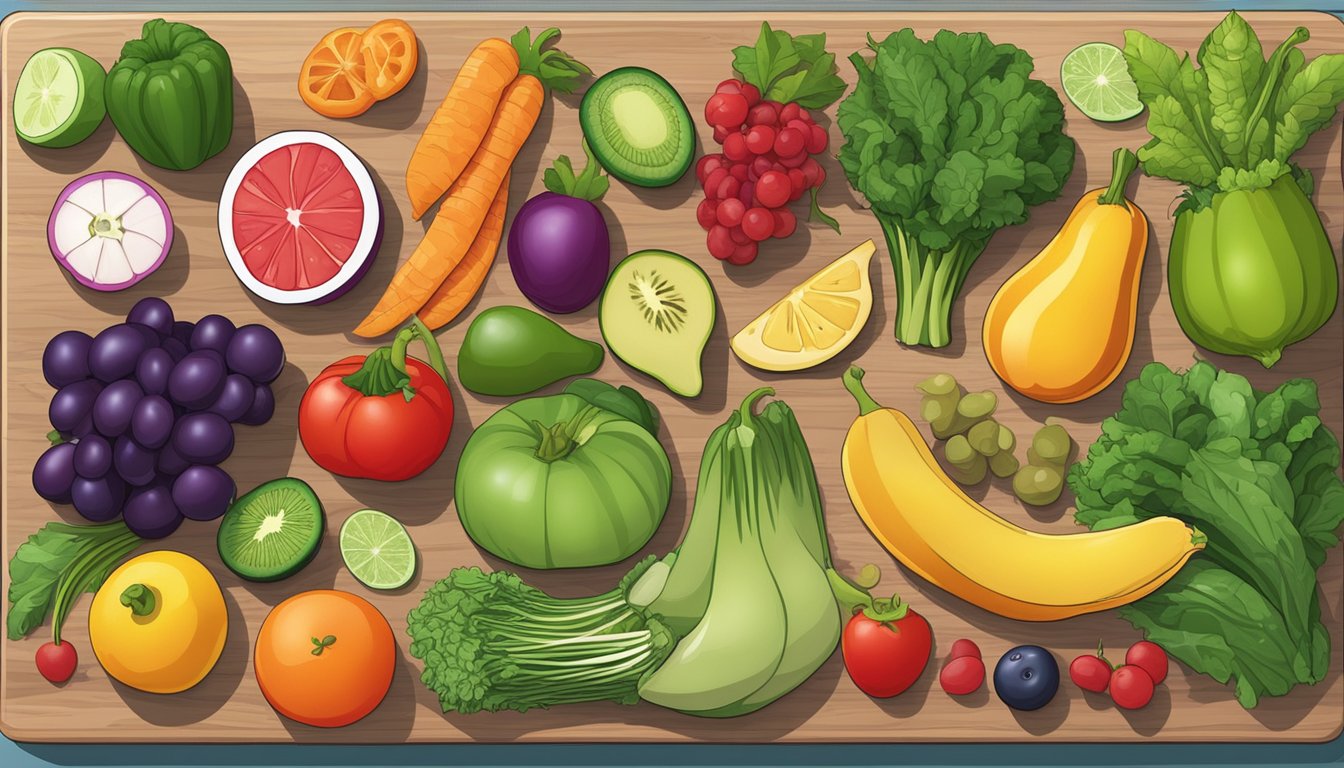 A variety of fruits and vegetables are spread out on a clean cutting board, ready to be sliced and prepared for dehydration