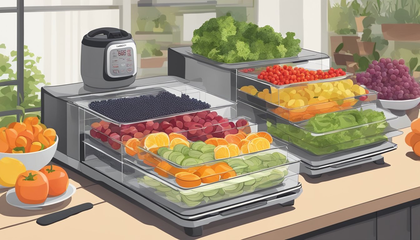 Assorted fruits and vegetables arranged on dehydrator trays, with an instant pot nearby for pre-treatment