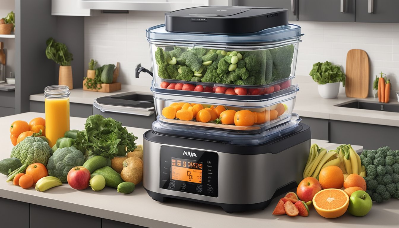 A Ninja Foodi sits on a kitchen counter, with various fruits and vegetables arranged around it. The dehydrator function is activated, and the machine emits a low hum as it slowly dries out the food