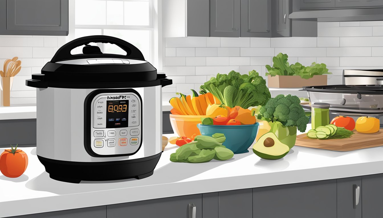 A kitchen counter with an Instant Pot in use for dehydrating fruits and vegetables. The Instant Pot is plugged in and set up with trays of sliced produce inside