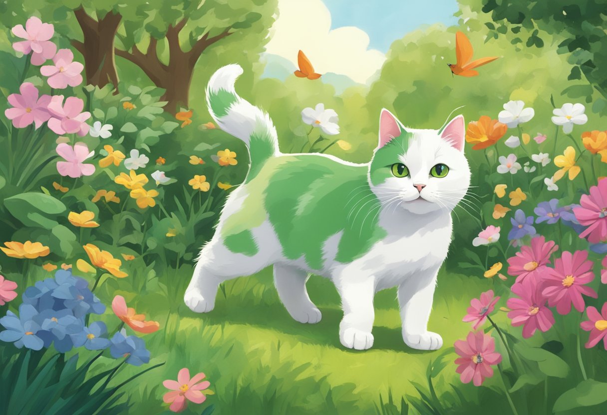 A green and white cat named Irish from 702 is being chased by a mischievous puppy through a colorful garden