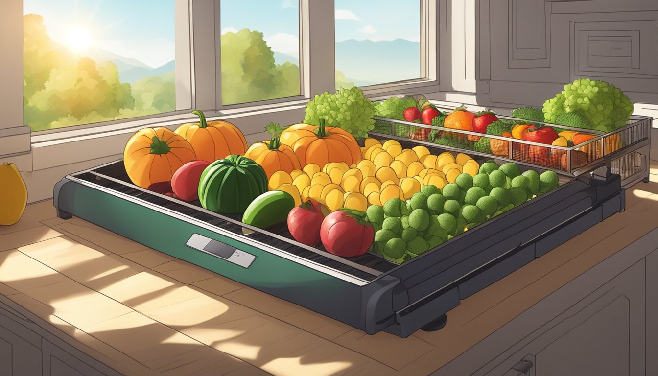 Fresh fruits and vegetables laid out on dehydrator trays, with an open window and sunlight streaming in